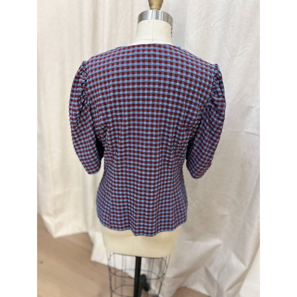 GANNI Blouse Seersucker V Neck Puff Sleeve in Blue Red Check Sz 46 XXL 16 - Picture 10 of 12